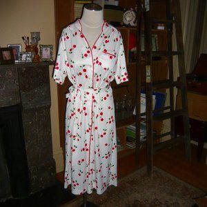 Vintage bright red Cherry Printed Dress with  belt and red piping